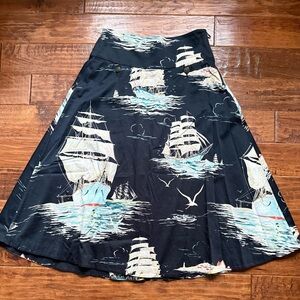 Anthropologie Leifnotes A-Line Midi Lined Nautical Boats Cotton Skirt, Size 2